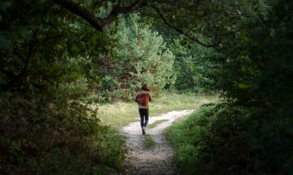 Anonymous distant backpacker with rucksack strolling on trail in woods with lush green trees during trekking in nature on summer day